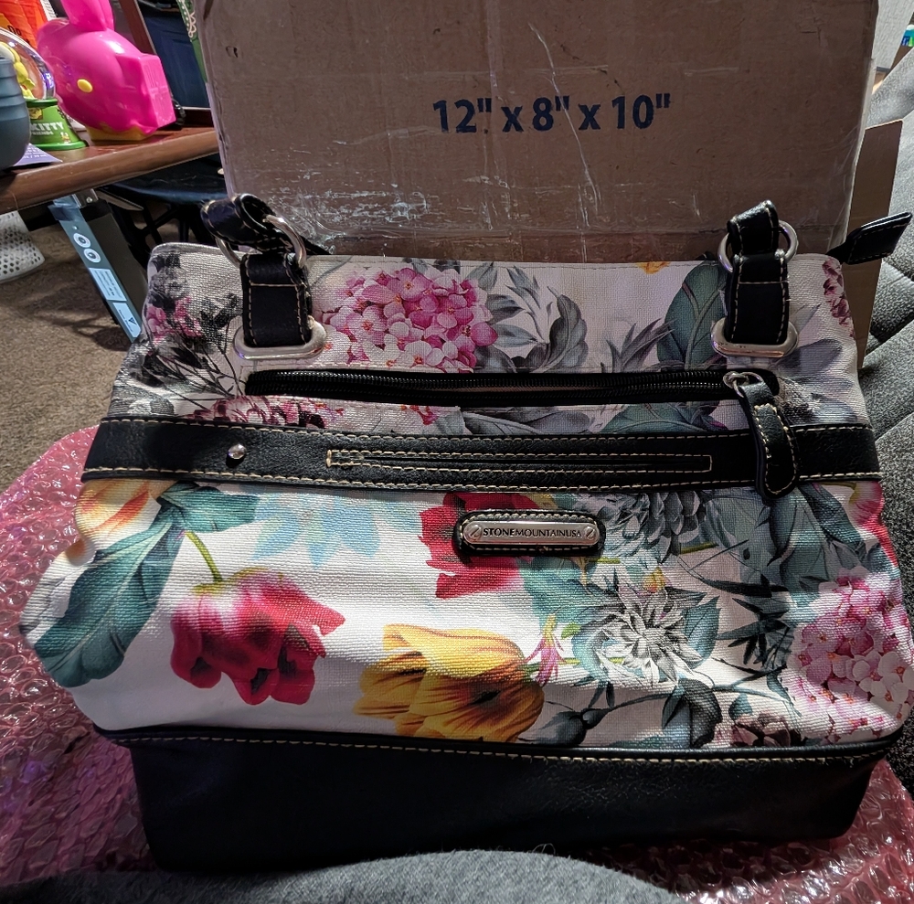 Floral Women's Shoulder Bag with Black Trim